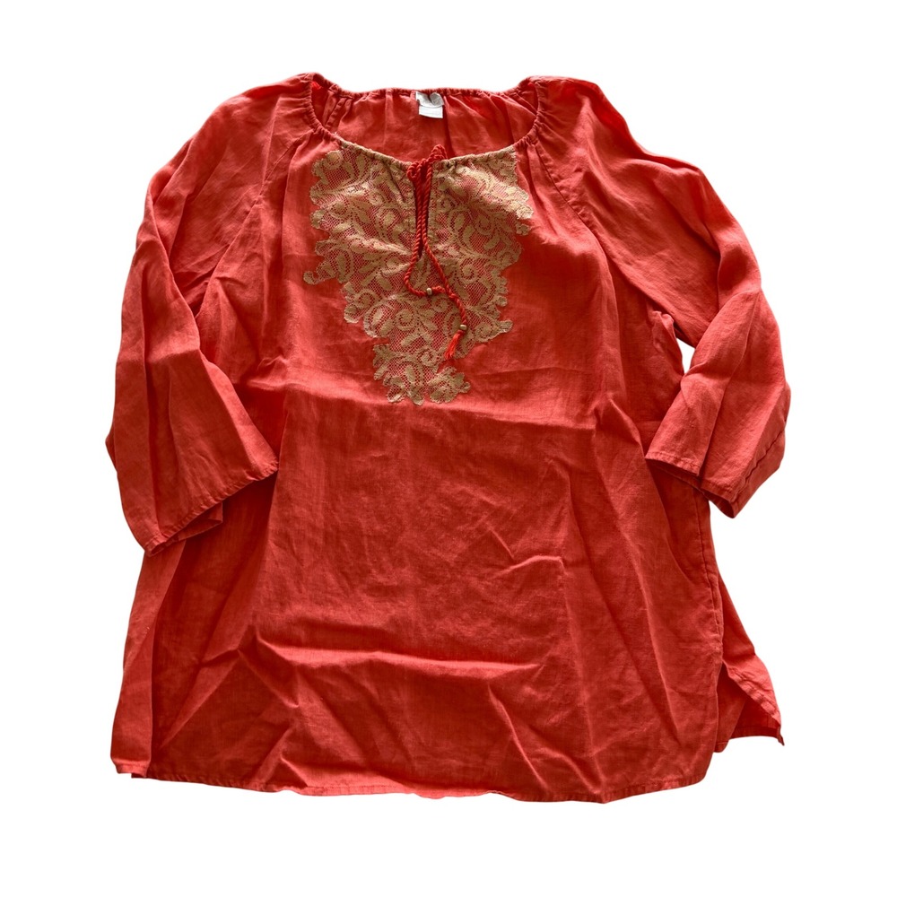 Chicos Women 2 L 12/14 Coral Orange 100% Linen Gold Embroidered Tunic Blouse
